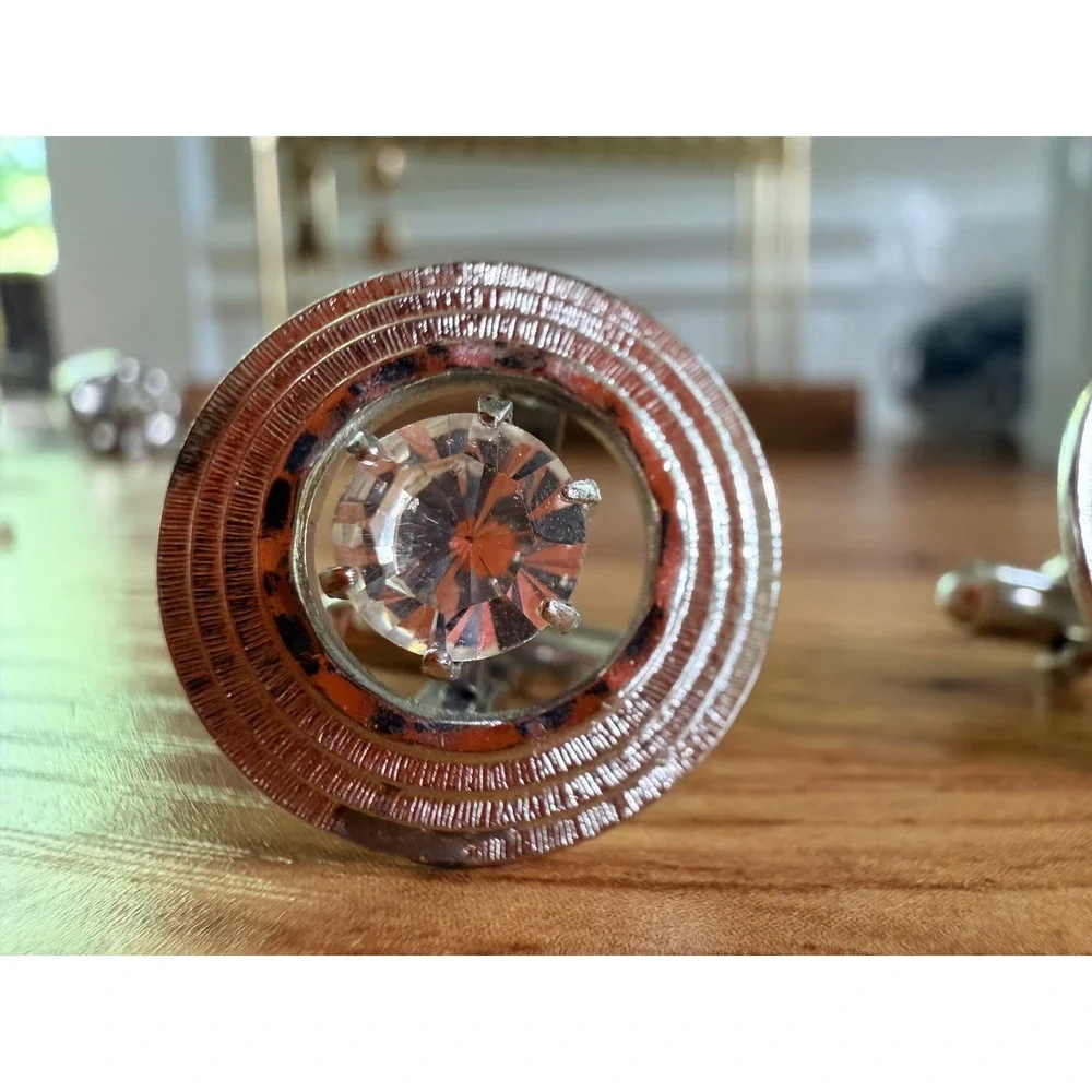 Swank Vintage Silver Tone Concentric Circle Crystal Cufflinks OS - Unsigned